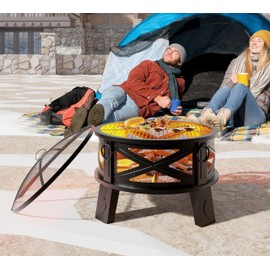 Fire Beauty 26"Steel Fire Pit with Grill Grate&Spark Screen,360° Airflow Boost Technology,Less Smoke,Larger Flames,Heavy-Duty Portable Camping Fire Pit for Backyard,Beach,RV (22lbs,4 Handles,Dual-Use)