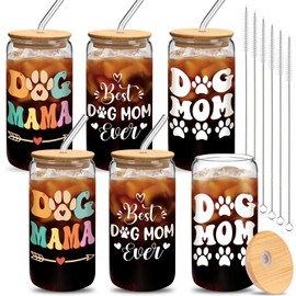 Yetene 6 Pack Gift for Dog Mom 16 Oz Glass Cups with Bamboo Lids and Straw Iced Coffee Drinking Glass Cups Cute Funny Gifts for Women Dog Lover Birthday Christmas