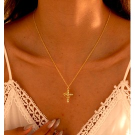 ZEATHAN Easter Gifts Birthstone Cross Necklace with Crown Dainty Cross and Crown Necklace for Women Simple Gold Cubic Zirconia Christian Jewelry for Mom Mother