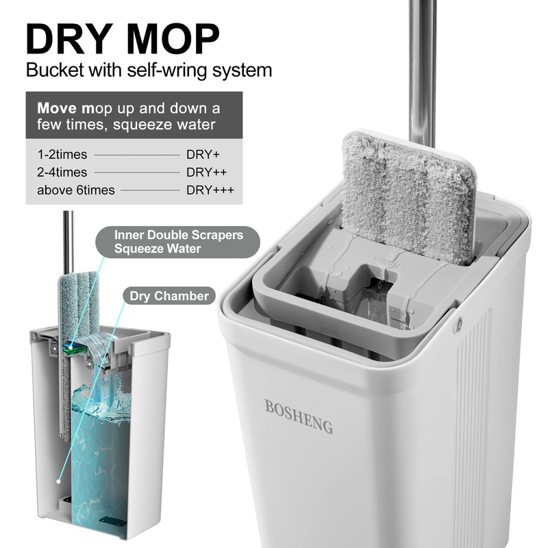 BOSHENG Mop and Bucket with Wringer Set, Flat Floor Mop