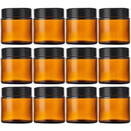 IRON BILL 4 Oz Amber Round Glass Jars with Inner Liners and Black Lids(12PCS) Empty Cream Containers Refillable Cosmetic Vials for Cosmetics, Lotions, Ointment, Body Scrubs & Balms