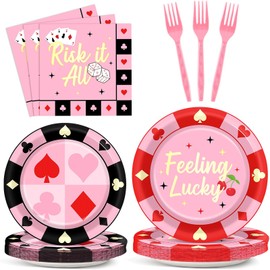 96 Pcs Casino Paper Party Plates and Napkins for Las Vegas Themed Party Supplies Casino Night Poker Dessert Tableware Set for 24 Guests Las Vegas Birthday Bachelorette Party Decorations
