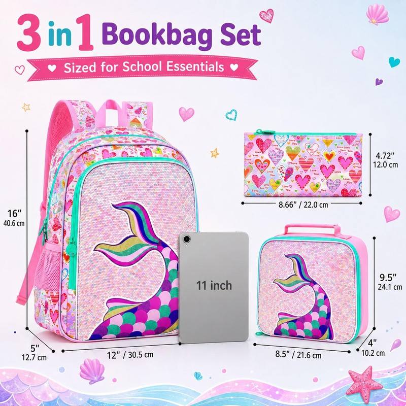 CCJPX 16" Mermaid Backpack for Girls, 3Pcs Kids Sequin Bookbag
