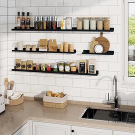 RICHFOCUS Picture Ledge Shelf, 24 inch Floating Shelves Set of 2, Wood Wall Shelves with Lip, Wall Decor Storage for Bedroom Living Room Bathroom Kitchen Nursery Photo Picture, Black