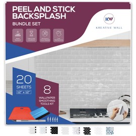 Peel and Stick Backsplash Bundle Set 20-Sheet with 8-pcs Peel and Stick Wallpaper Smoothing Tool Kit for Stick On Tiles, Bathroom Adhesive Tiles, Kitchen Backsplash Tile, Subway Tiles (White)