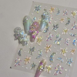 1 Sheet Flower Nail Stickers 5D Embossed Gradient Flower Nail Decals Bling Gradient Jelly Floral Designs Self Adhesive Floral Nail Art Stickers Spring Nail Accessories for Women DIY Nails Art