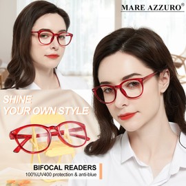 MARE AZZURO Large Round Bifocal Reading Glasses 3.5 Women Blue Light Blocking Readers 1.00 1.25 1.50 1.75 2.00 2.25 2.50 2.75 3.00 3.50 (Red, 350)