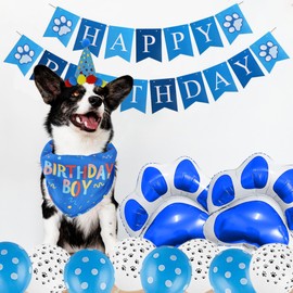 Dog Birthday Party Supplies - Dog Birthday Bandana Set - Birthday Decorations for Multi Sizes Dogs Party Hat, Girl Dog Birthday Banner with Photo Frame Balloons, Paws Balloons (14Pcs,Boy)