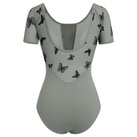 IBAKOM Ballet Leotards for Women Butterfly Mesh Front Teens Gymnastics Leotard Short Sleeve Sheer Scoop Back Ballerina Dance Outfits Camisole Bodysuit Rehearse Ballet Class Leotards Gray L