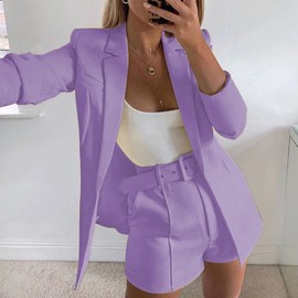 Women's Casual 2 Piece Pant Outfits Long Sleeve Blazer and Shorts Elegant Suits Set with Belt Purple