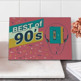 Lunarable 90s Cutting Board, Retro Illustration of Stereo Compact Cassette Player Outdated Electronics, Decorative Tempered Glass Cutting and Serving Board, Small Size, Dark Coral Mustard Teal