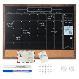 ARCOBIS Chalkboard Calendar with Cork Board, 24x18 Inch Wood Frame Bulletin Board for Wall, Magnetic Chalk Calendar Board with Chalk Markers, Push-Pins and Magnets,Grey