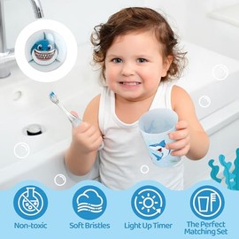 Lily's Home - Cepillo de dientes para niños con temporizador intermitente con taza y funda para cepillo de dientes. Anime a los niños a cepillarse los dientes (tiburón)