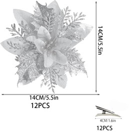 Glitter Poinsettia, Glitter Christmas Tree Decoration, Pack of 12 Christmas Flowers, Artificial Christmas Tree, Christmas Wreath, Christmas Flowers Decoration, Hanging Christmas Tree (Gold Red)