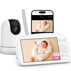 Smart WiFi Baby Monitor with Camera and Audio, 5.5” 1080P Wall-Mountable Display, 360° Pan & Tilt, HD Night Vision, Soothing Music, Multi-User Support, Two-Way Talk, Temperature & Motion Detection