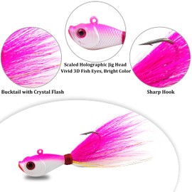 Bucktail Jig Fluke Lures Hair Jig Fishing Lure Saltwater Freshwater Lures Surf Fishing Lure for Bass Flounder Fluke Striper Bluefish Halibut Redfish Snook 1/4oz, 1/2oz, 1 oz, 1 1/2oz, 2 oz