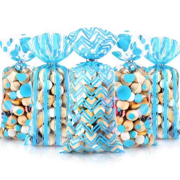 Blulu 105 Pcs Baby Shower Cellophane Treat Bags Gender Reveal Candy Bag Polka Dot Stripes Printed Plastic Goodie Favor Bags with 100 Silver Twist Ties for Valentine Birthday Party Decor(Blue)