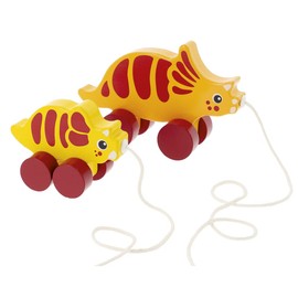 Trefl - Dinos: Triceratops, Wooden Toys, Bibles and Bear - Wooden Toy 2-in-1, Dinosaur on Wheels, Pull Cord, Environmentally Friendly Natural Wood, for Children from 12 Months