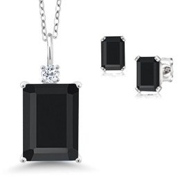 Gem Stone King 925 Sterling Silver Black Onyx and White Topaz Pendant Necklace Earrings Set For Women (7.86 Cttw, Gemstone December Birthstone, Emerald Cut 14X10MM and 6X4MM, with 18 Inch Chain)