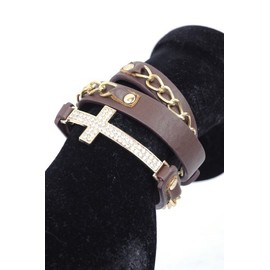 NYFASHION101 Rhinestone Cross Charm Chain Faux Leather Wrap Bracelet, Brown/Gold-Tone