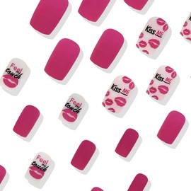 Valentines Day Press on Nails Short Square Glossy Fake Nails with Rose Red Lip Print Design Full Cover Artificial Nails English Letter False Nails Glue on Nails Matte Acrylic Nails for Women 24PCS