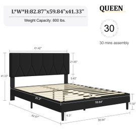 Queen Size Bed Frame, Platform Bed Frame with Velvet Upholstered Headboard, Queen Upholstered Mattress Foundation with Strong Wooden Slats, No Box Spring Needed, Noise Free, Easy Assembly
