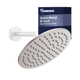 HammerHead Showers® Solid Metal 8 Inch Rainfall Shower Head – BRUSHED NICKEL - Shower Head Rainfall - 2.5 GPM High Flow Shower Head Optimized for Pressure – Large Round Rain Shower Heads
