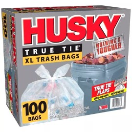 Husky True Tie XL Trash Bags, Clear, 45 Gallon, 100 ct