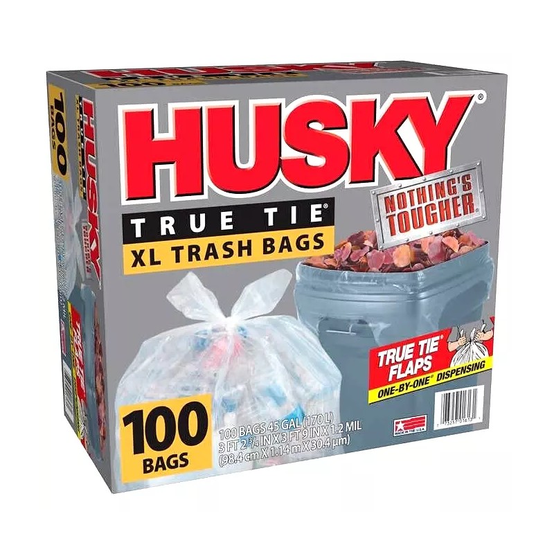 Husky True Tie XL Trash Bags, Clear, 45 Gallon, 100