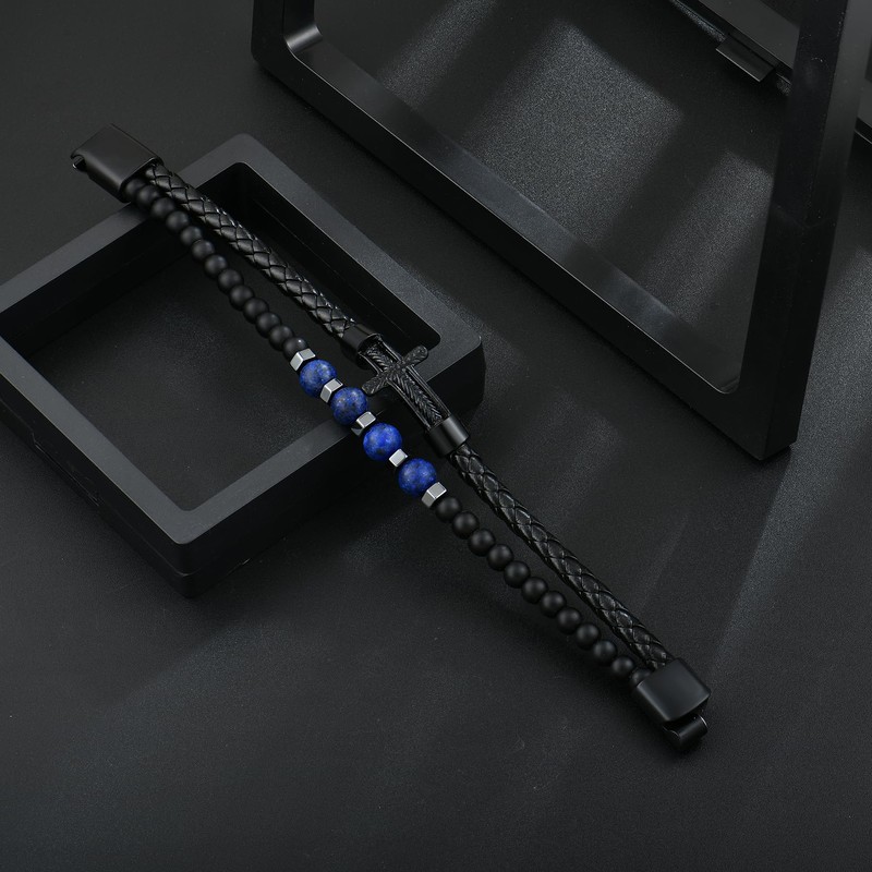 FYNSBLE Black Cross Bracelet for Men, Lapis Lazuli Beaded Leather