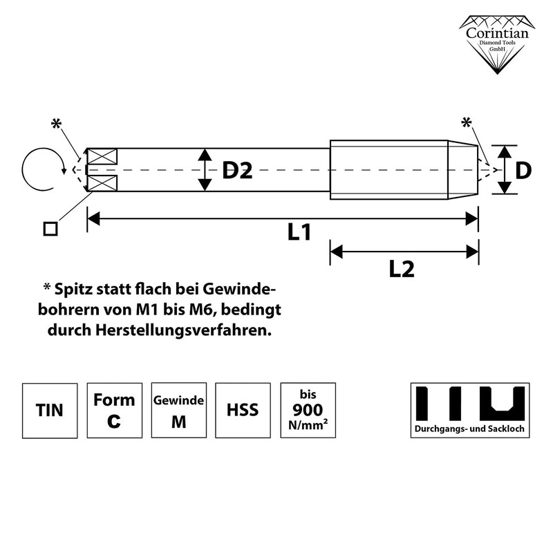 Corintian HSS TiN Tap Shape D, Diameter M2 - M20,