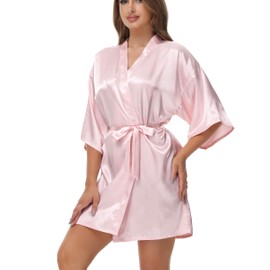 Starblazia Women's Satin Robe Dressing Gown Summer Silk Bridesmaids Robe Oblique V-Neck Short Style Bridal Dressing Gown for Women,XL,Pink