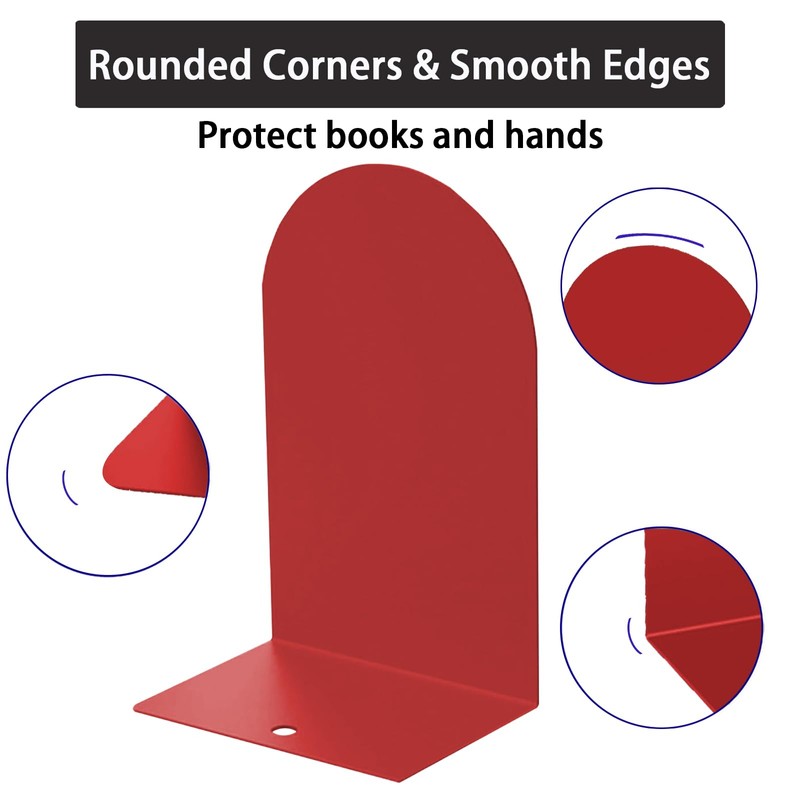MerryNine Metal Book Ends, 4 Pack Red Bookends for Shelves,
