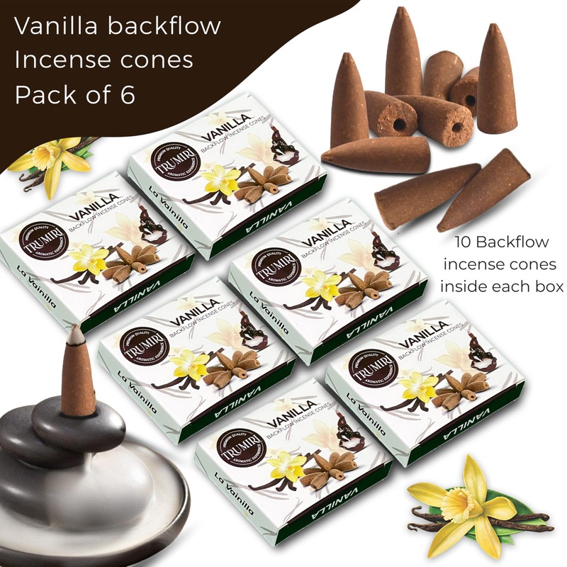 Vanilla Backflow Incense - 60 Cones, Six Packs of 10,