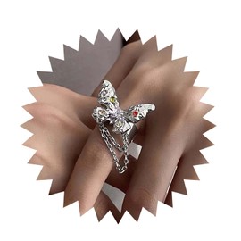Inilbran Boho Butterfly Link Chain Ring Vintage Butterfly Wrap Open Ring Silver Crystal Butterfly Finger Ring Butterfly Adjustable Stacking Ring Jewelry for Women