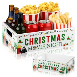 GlikCeil Movie Night Snack Organizer with Handles Wooden Popcorn Bag Snack Holder for Countertop Storage Trays Bins Basket for Home Kitchen Christmas Party Supplies(White Christmas Movie Night)