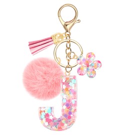 JSRQT Initial Letter J Keychain for Girls, Cute Pink Flower Resin Alphabet Keyrings, Flower Bag Charm Pendants with Sequins and Pink Poms, Car Keyring for Women Handbags Backpack Decor