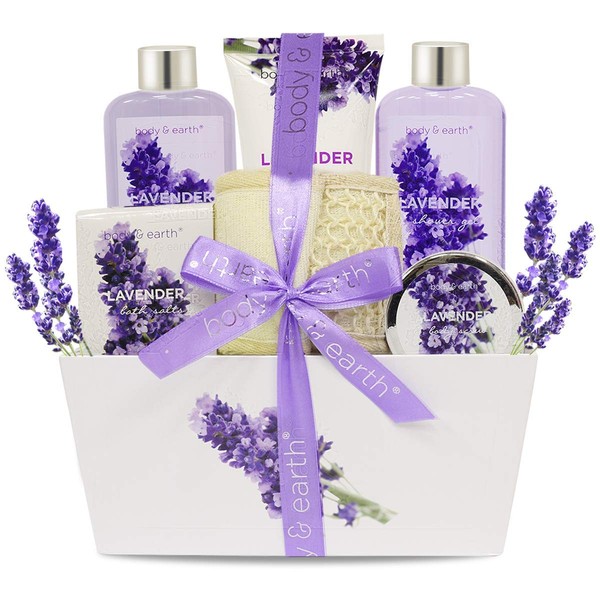 Bath Spa Gift Set, Body & Earth Gift Basket 6-Piece Lavender Scented Spa Basket Kits for Women, Contains Shower Gel, Bubble Bath, Body Lotion, Bath Salt, Body Scrub, Back Scrubber, Best Gift for Her