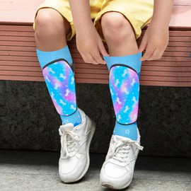 Shin Guards Soccer Kids Girls Youth, Shin Pads and Long Soccer Socks for 2-7 Years Old Girls for Football Games, EVA Cushion Protection Reduce Shocks and Injuries,Blue & Purple, Small