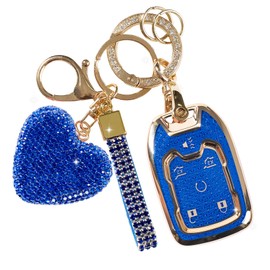 Rislobx Key Fob Cover with Diamond Key Chain Fit for Chevy GMC Yukon/Yukon XL, Car Key Protector with Rhinestone Heart Keychain for Terrain Acadia Sierra Suburban Tahoe for Women (6 Buttons Blue)
