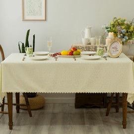 Textured Tablecloth Waterproof Spillproof Lace Trim Rectangle Jacquard Fabric Table Cloth, Kitchen Dinning Tabletop Decoration,Oblong Table Cover for Indoor and Outdoor Use,Beige 60x84 Inch