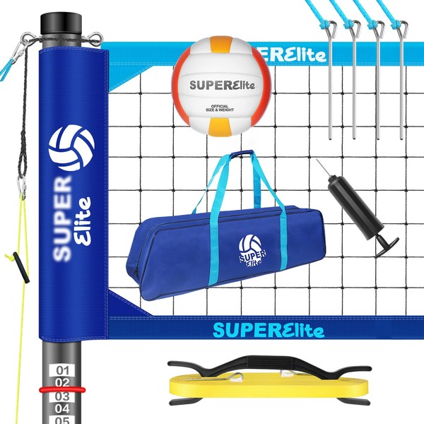 Portable Professional Volleyball Net Set with Aluminum Adjustable Height Poles, Heavy Duty Nets Sets System with Easy-Pulldown Tensioner, 2 Scoring Poles for Outdoor, Backyard, Beach, Lawn