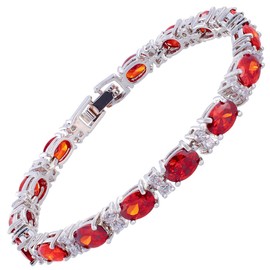 RIZILIA Oval Cut Simulated Red Garnet and White Cubic Zirconia 18K White Gold Plated Tennis Bracelet, 7"
