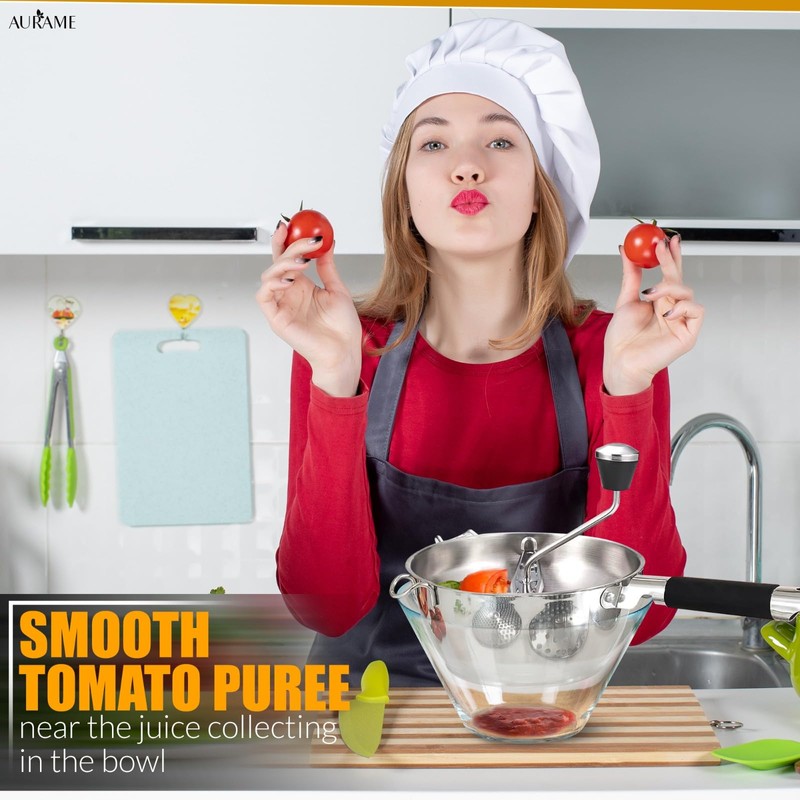 AURAME Premium Stainless Steel Food Mill - Effortless Pureeing, Straining