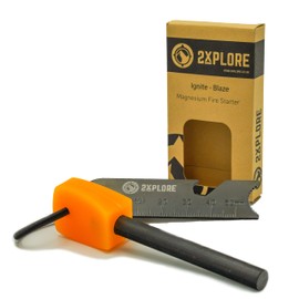 2XPLORE Flint And Steel Fire Starter Kit-Ferro Rod Bushcraft Survival Equipment-Fire Striker Multi Tool With A Orange Glow In The Dark Handle Essential Camping Survival Equipment.