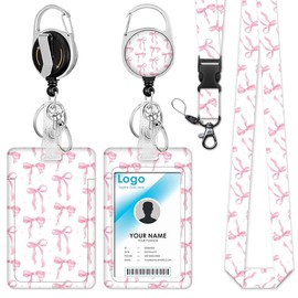FDKYOEK Pink Bows Lanyard with Id Holder, Id Badge Holder with Removable Lanyard, Pink Lanyard for Id Badges with Retractable Reel Clip, Bow Id Card Holder with Lanyard for Women Teacher Student Nurse
