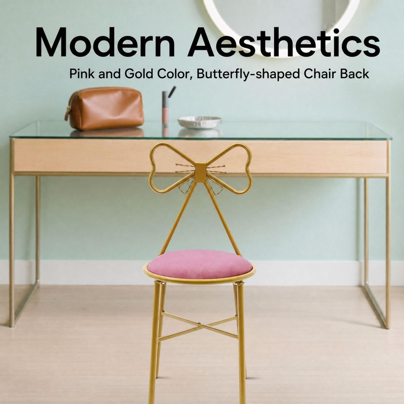 Modern Vanity Chair Stool, Cute Butterfly Shaped Backrest Makeup Chair