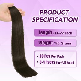 Sindra Tape-in Extensions Real Human Hair Dark Brown 20 Pieces 50 g 50 cm Invisible Tape-In Extensions Real Hair Remy Silky Straight Skin Weft T#2 20 Inches / 50 cm