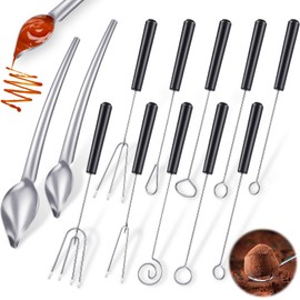 Patelai 12 Pcs Candy Dipping Tools Set Included 10 Chocolate Dipping Fork Spoons and 2 Stainless Steel Culinary Decorating Spoons Chef Art Pencil for Decorative Plates