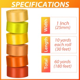 Jacriah 1 Inch Orange Yellow Satin Ribbons for Crafts, 6 Rolls Single-Faced Orange Assorted Ribbons for Gift Wrapping Flower Bouquet Wedding Invitations Bridal Shower Hair Bows Garland Party Decor